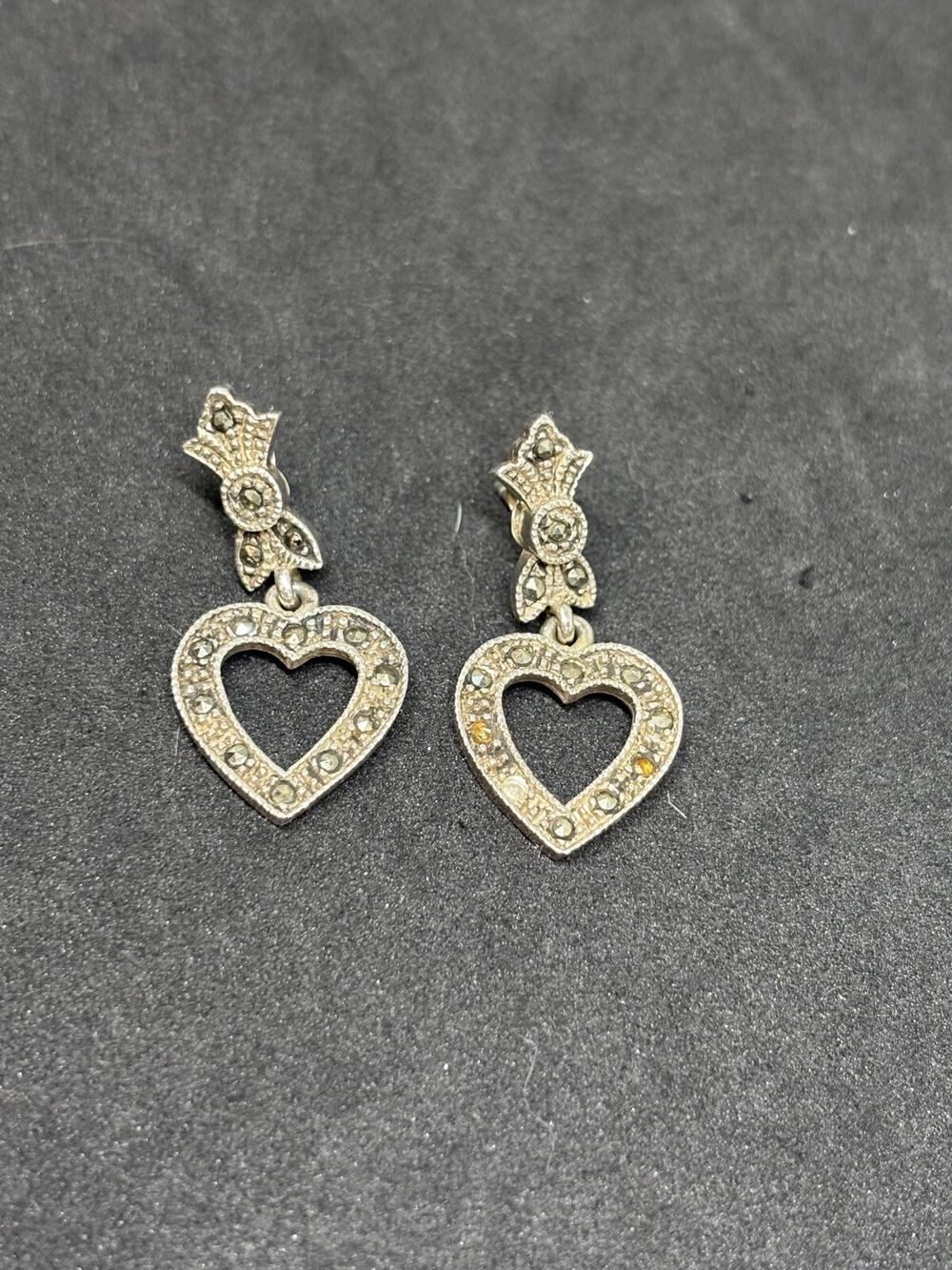 Vintage Sterling Silver 925 Floral Heart Shape Dangle Marcasite Drop Earrings